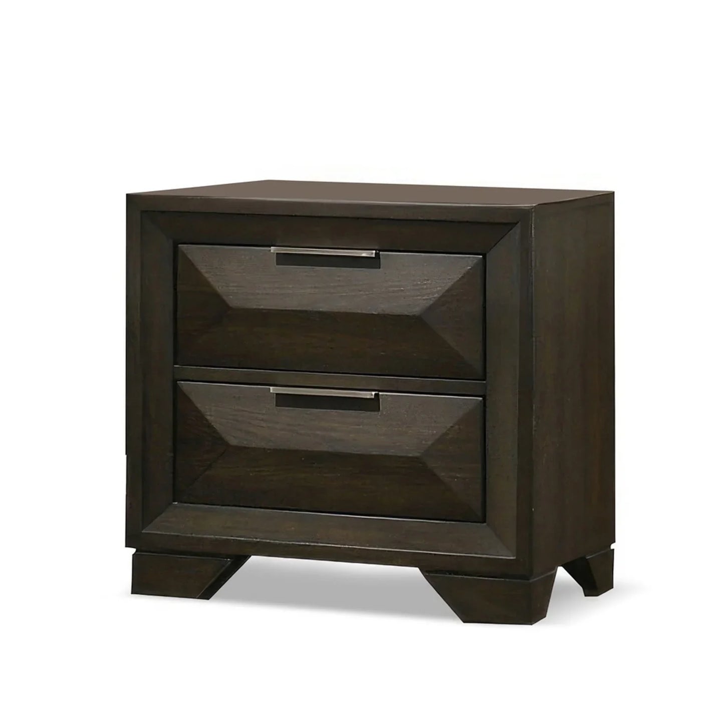 Two-drawer espresso nightstand with architectural faceted panels and modern metal hardware on a white background.