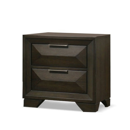 Two-drawer espresso nightstand with architectural faceted panels and modern metal hardware on a white background.