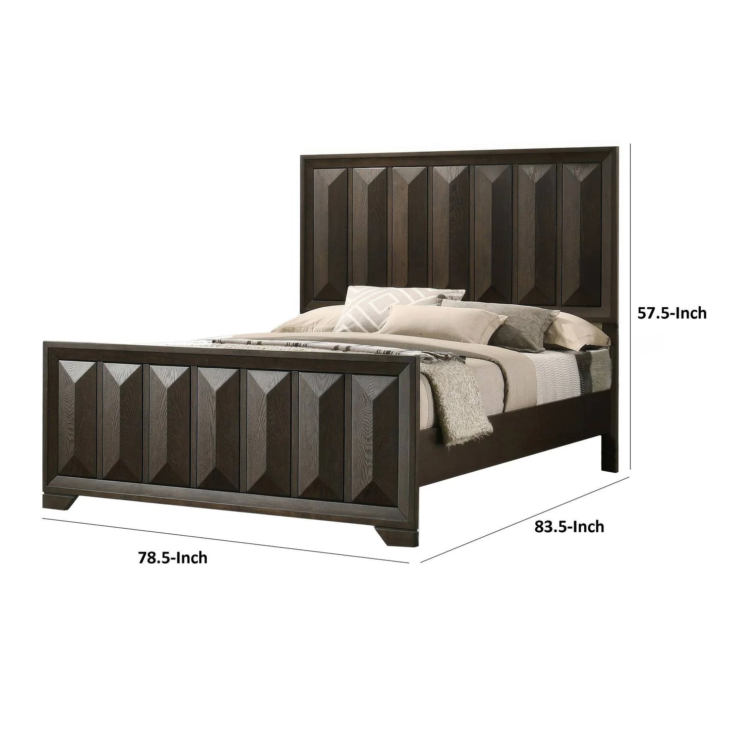 Dimensions for the espresso king bedframe showing 78.5-inch width, 83.5-inch depth, and 57.5-inch height.24662589