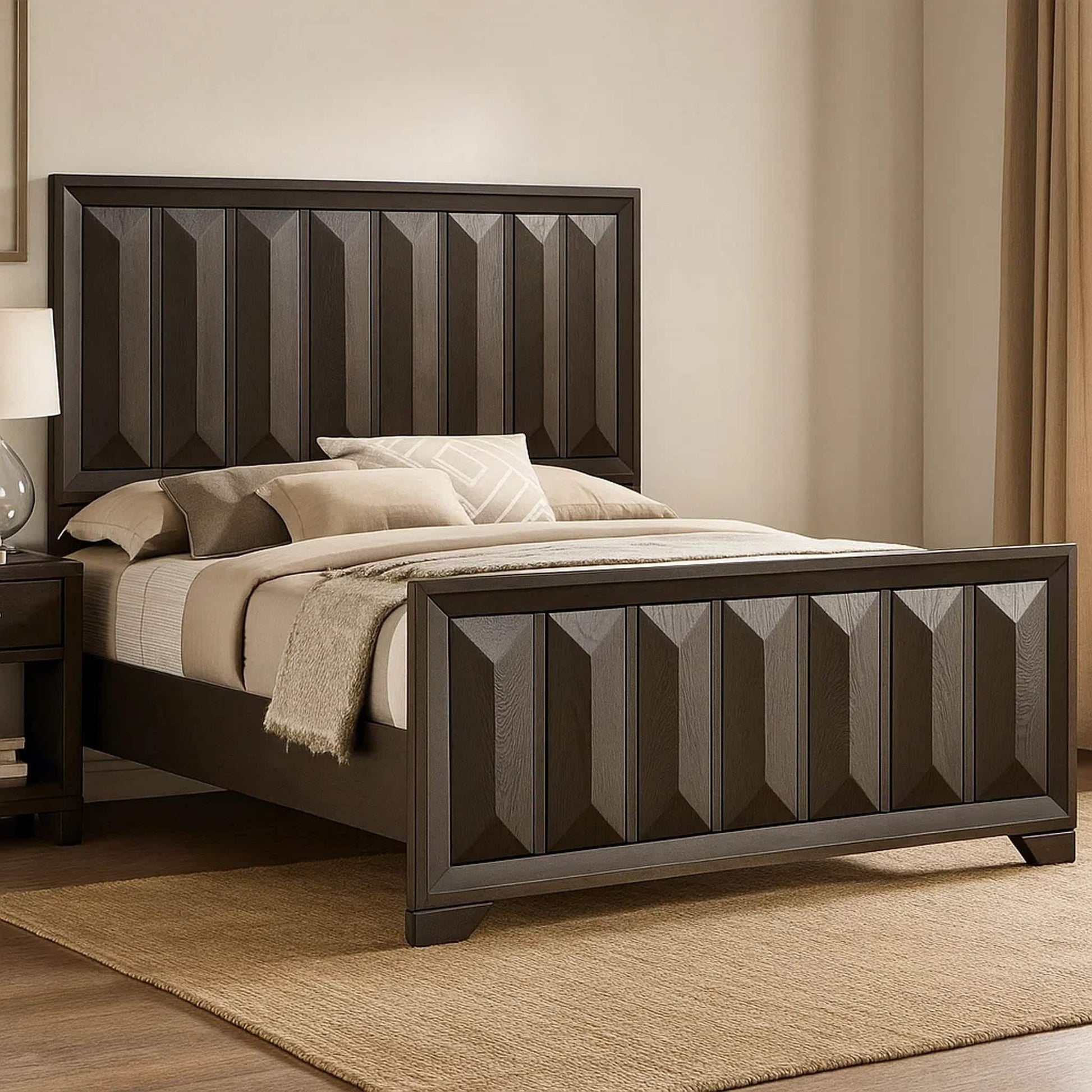 Profile view of a transitional espresso king bedroom set styled with neutral bedding and architectural wood panels.