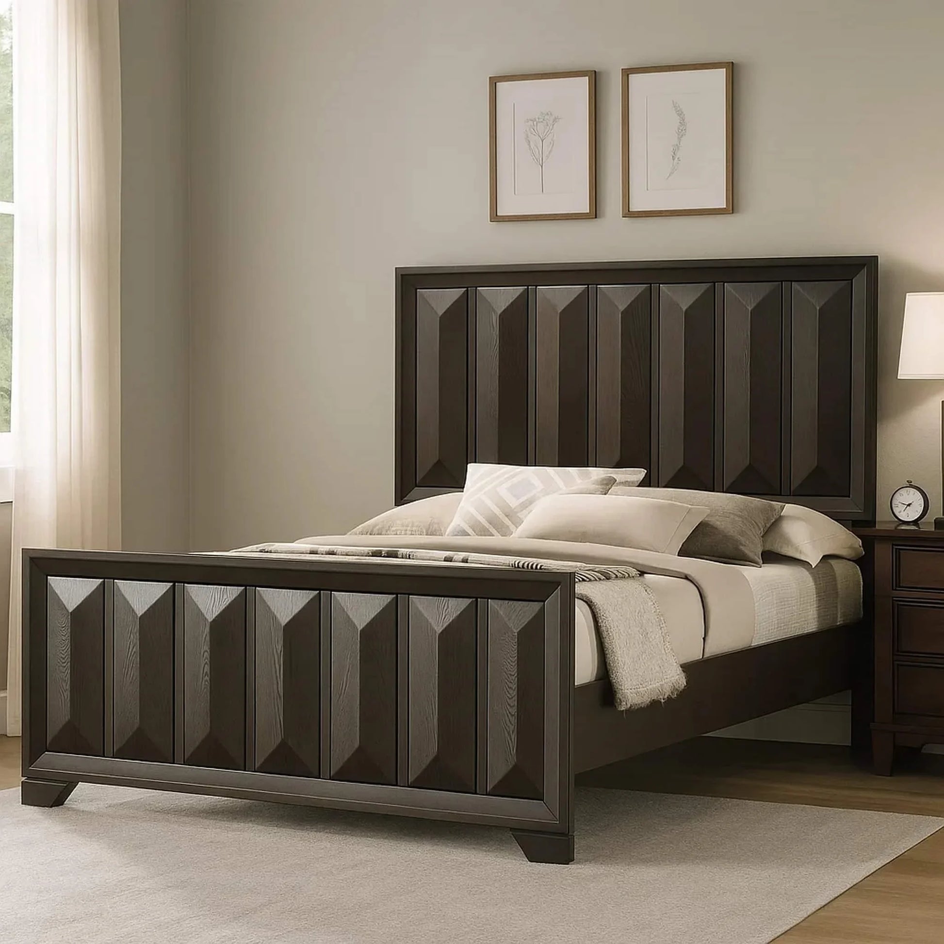 Complete espresso king bedroom set styled with a modern clock on the nightstand and architectural wood headboard.