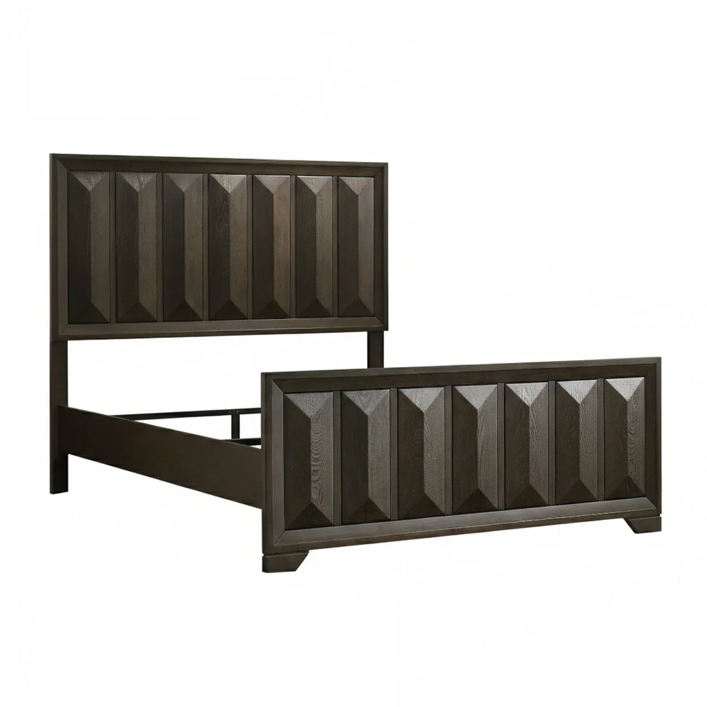 Eastern king bedframe with vertical faceted panels and rich espresso finish on a clean white background.