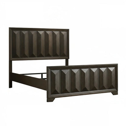 Eastern king bedframe with vertical faceted panels and rich espresso finish on a clean white background.