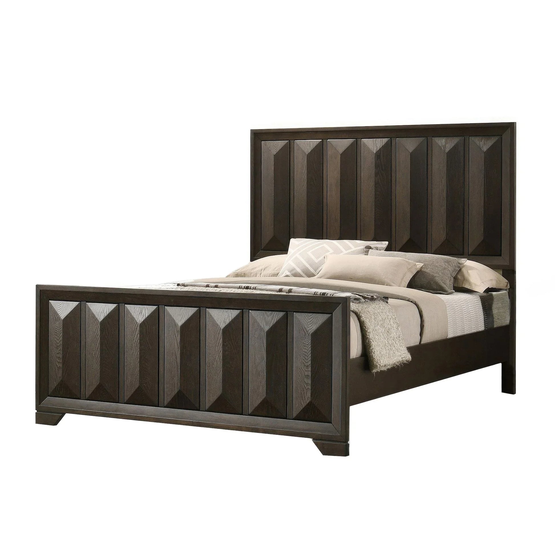 Eastern King faceted bed with architectural vertical panels and espresso finish, standard angled perspective on a white background.