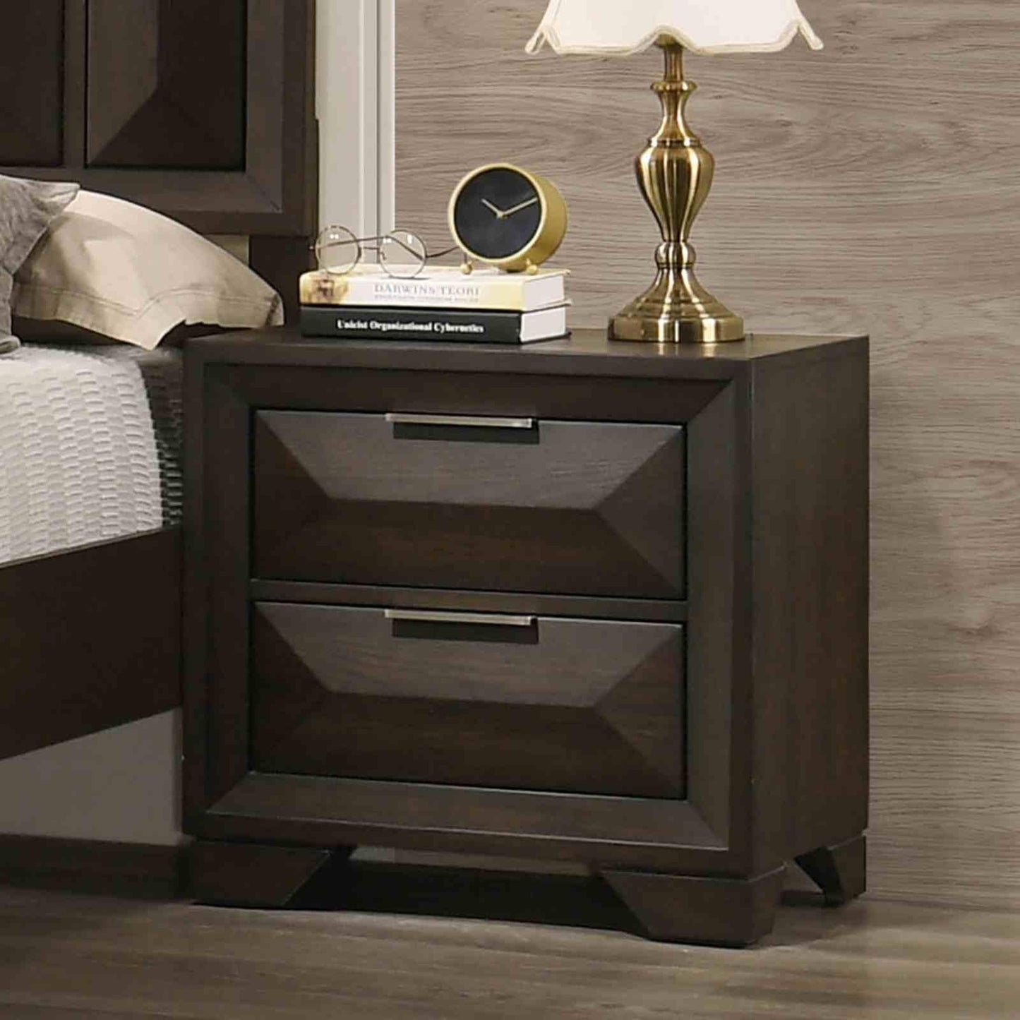 Left-side espresso nightstand with two faceted drawers and sleek metal hardware in a modern master suite.