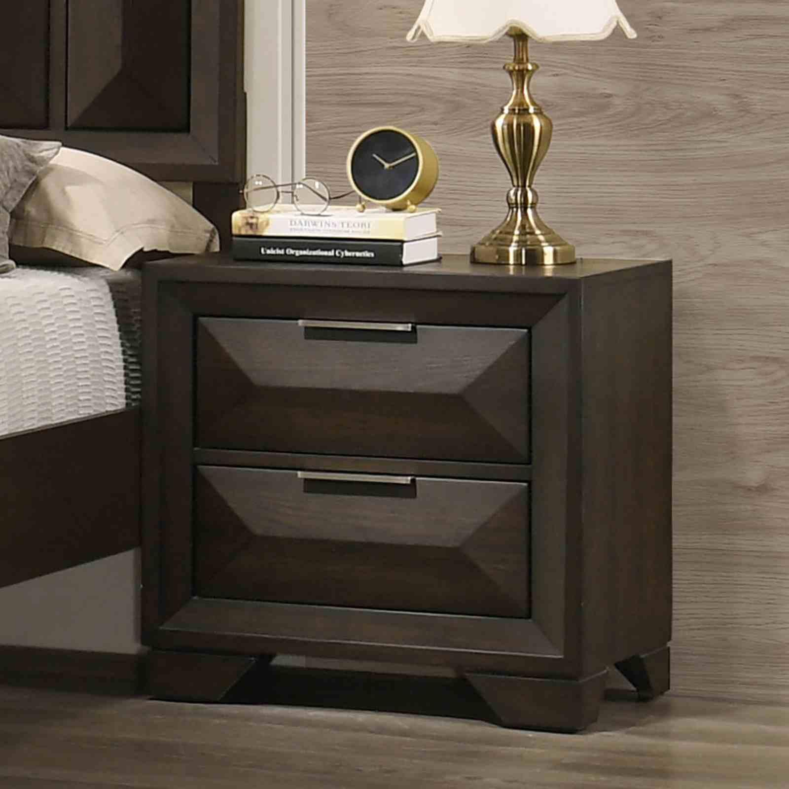 Left-side espresso nightstand with two faceted drawers and sleek metal hardware in a modern master suite.