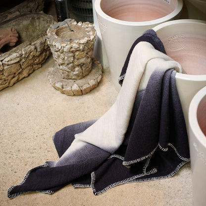 Ink Black White Ombre Textured Throw  In Hand Spun Merino And Hand Stitched Hem
