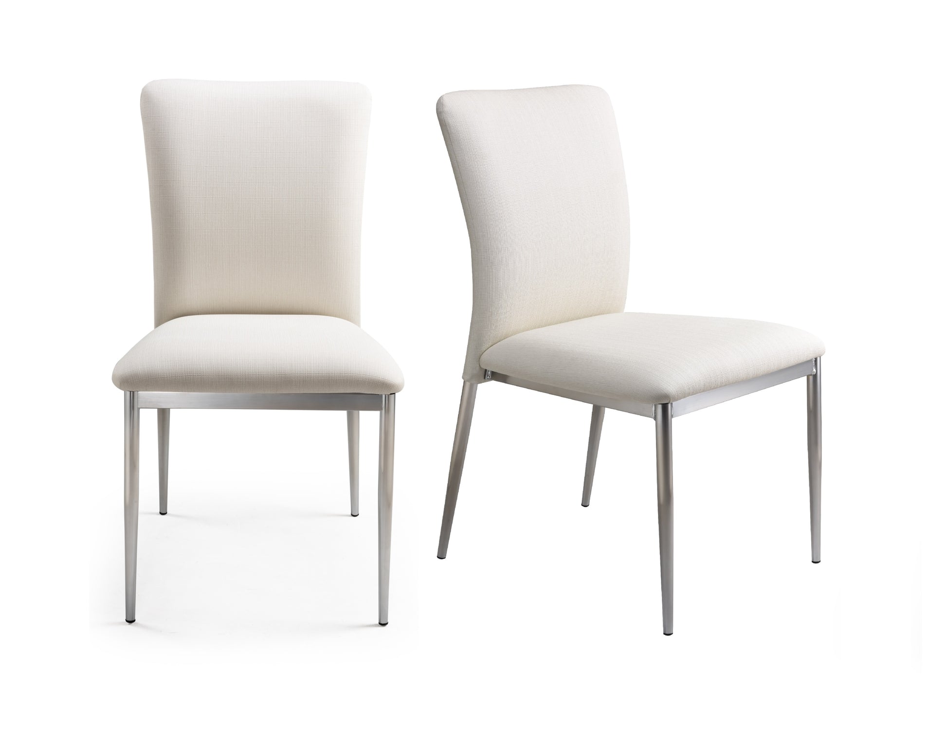 Two modern white upholstered dining chairs with slim silver metal legs on white background