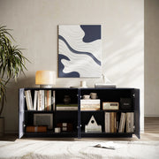 Navy Blue Buffet Cabinet - Modern Sideboard with 3D Water Ripple Texture, Soft Close Doors, 59" Wide Storage for Dining Room, Living Area, Entryway - Fluent Trends