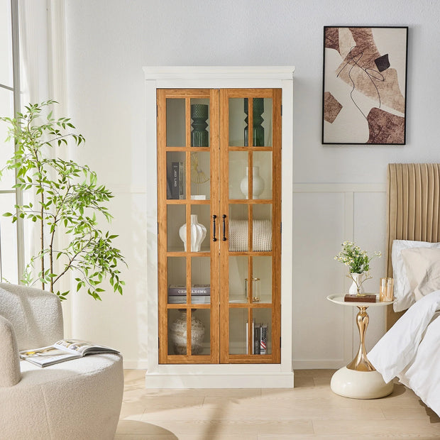 Rustic Style Display Curio Cabinet with Lattice Window Doors - Fluent Trends