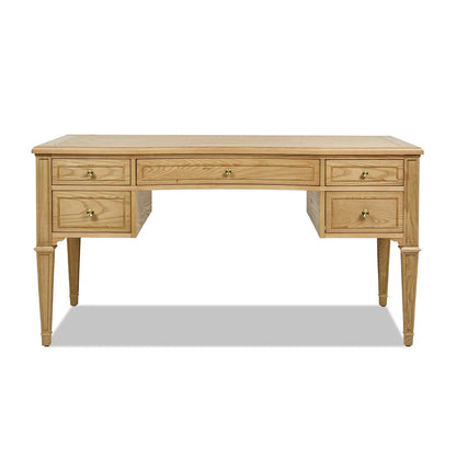 Low-angle view of an ash wood executive desk highlighting the five-drawer storage and sleek gold hardware for a premium home workspace.