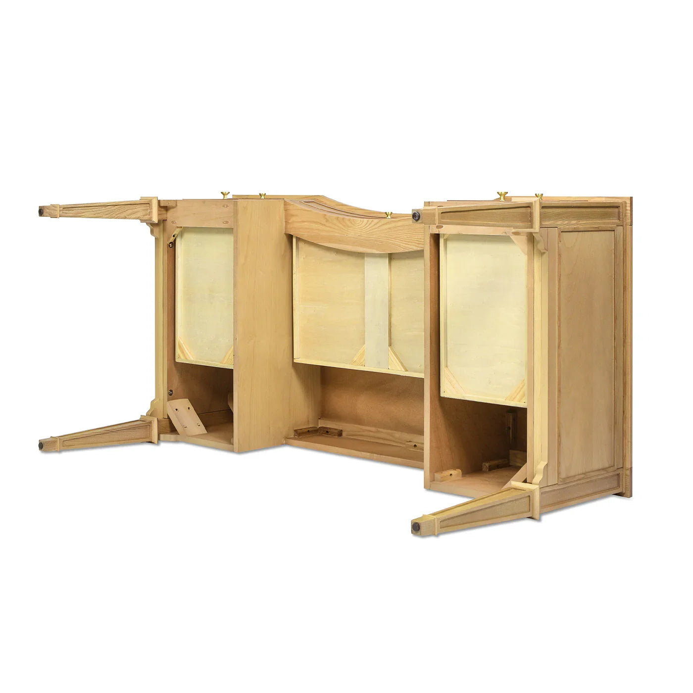 Under-desk view of an ash wood executive desk showing the spacious knee well and solid wood leg support structure.