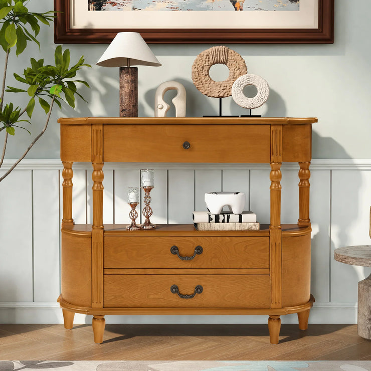 Retro Curved Wood Console Table with 3 Drawers, 43'' Entry Table with Storage Shelf, Sofa Table Behind Couch with Solid Wood Legs for Living Room Hallway, Brown - Fluent Trends