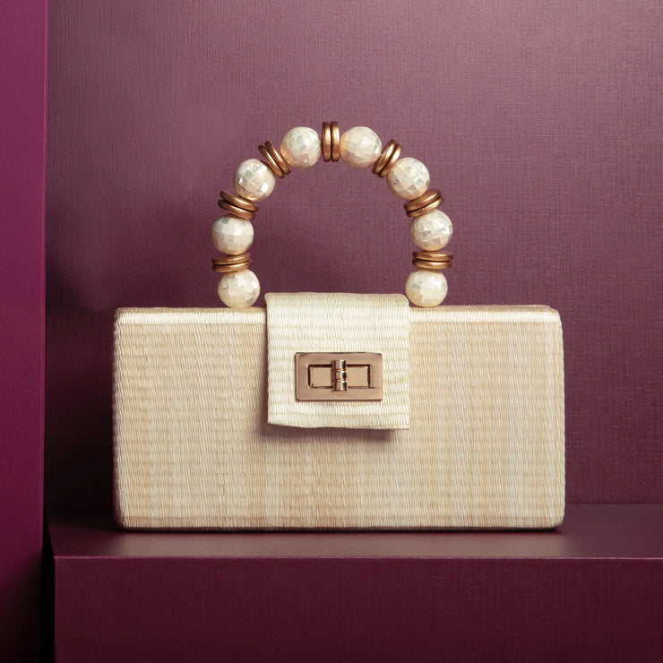 THE SERENA Cream Clutch with Shell Inlay Bead Handle - Fluent Trends