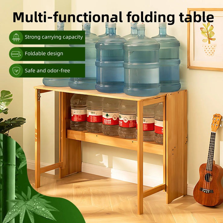 Brown bamboo folding desk holding multiple water bottles, showcasing strong carrying capacity and foldable design.