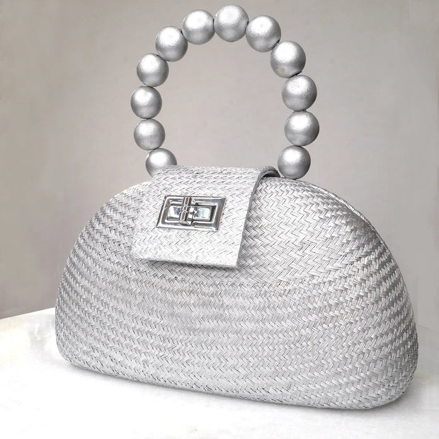 The Orla Silver Woven Straw & Wooden Bead Statement Clutch Bag - Fluent Trends