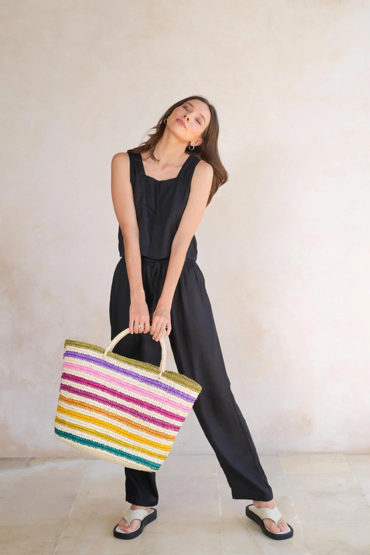 Rainbow Handwoven Color Strips Raffia Tote - Fluent Trends