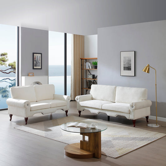 2 Piece Sofa Set with Movable Pillows, 5 Seat, Upholstered Sofa, Beige