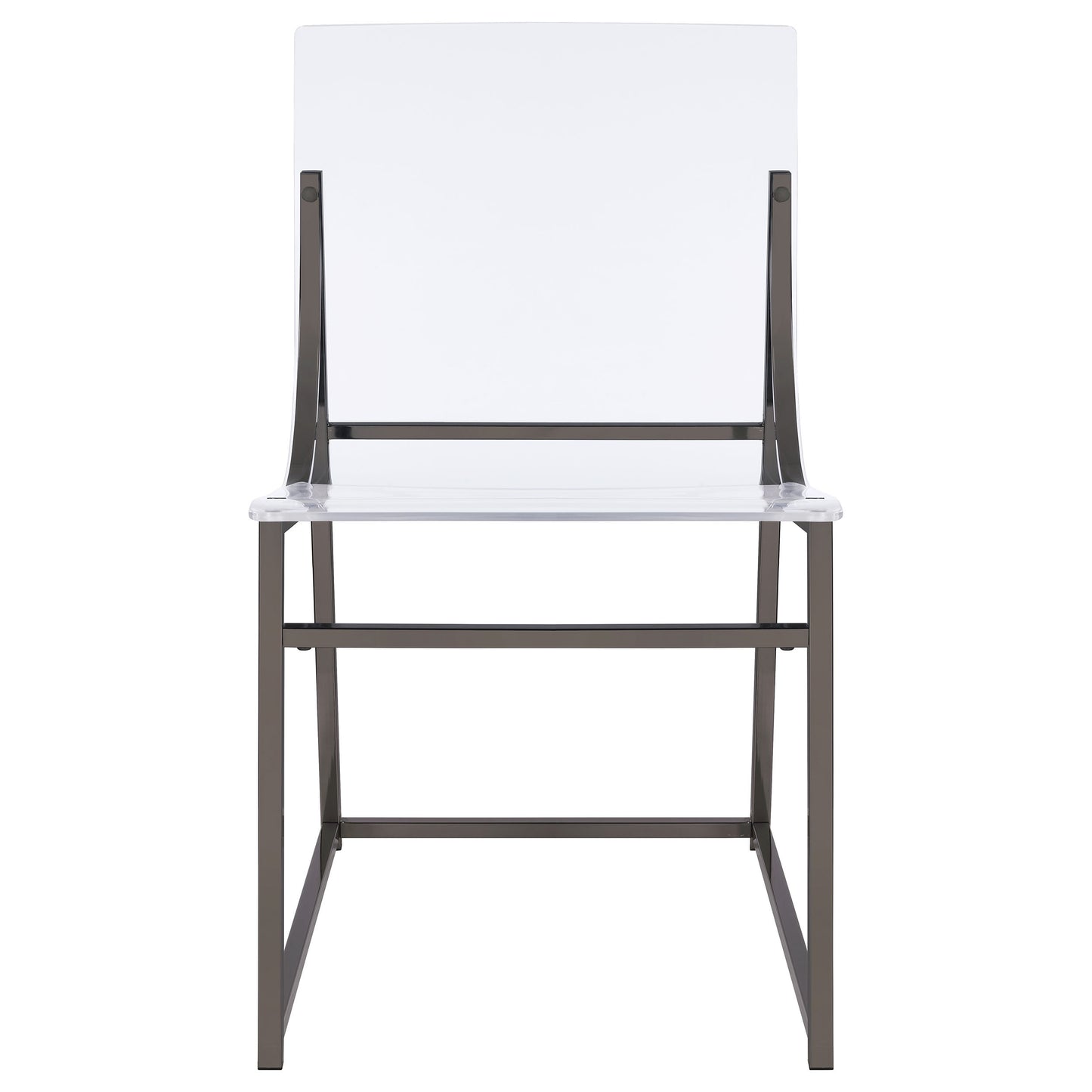 Modern clear acrylic chair with black metal frame, minimalist design