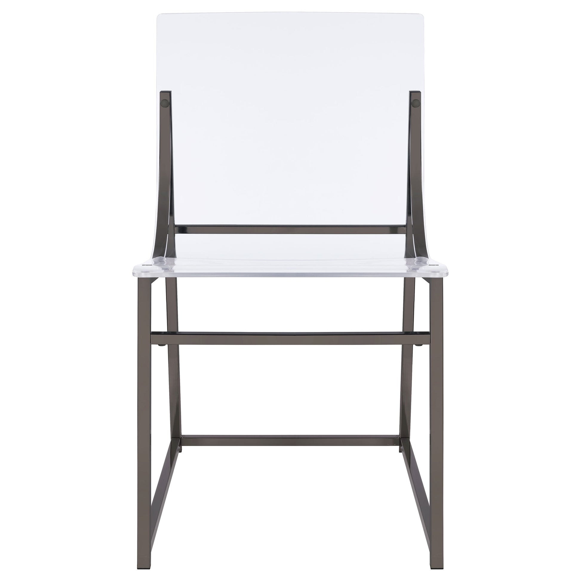 Modern clear acrylic chair with black metal frame, minimalist design