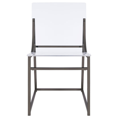 Modern clear acrylic chair with black metal frame, minimalist design