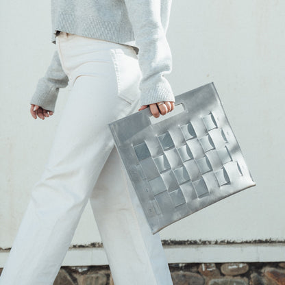 Artisan Woven Laptop Clutch Bag - Glacial Gray Vegetable-Tanned Leather Sleeve for MacBook Air & 15" Laptops
