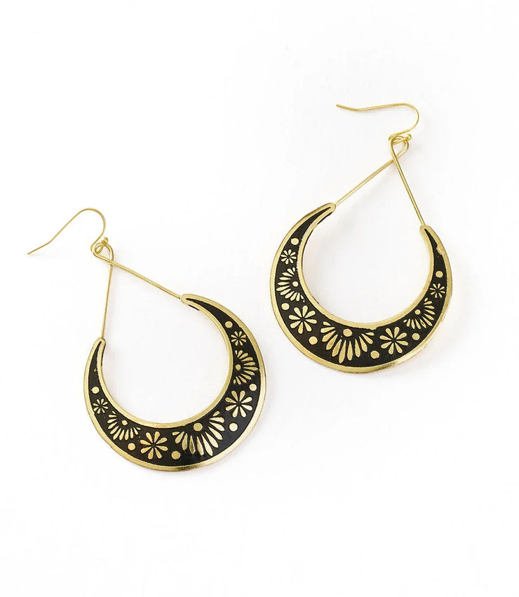 Nisha Crescent Moon Hoop Earrings - Gold, Black - Fluent Trends
