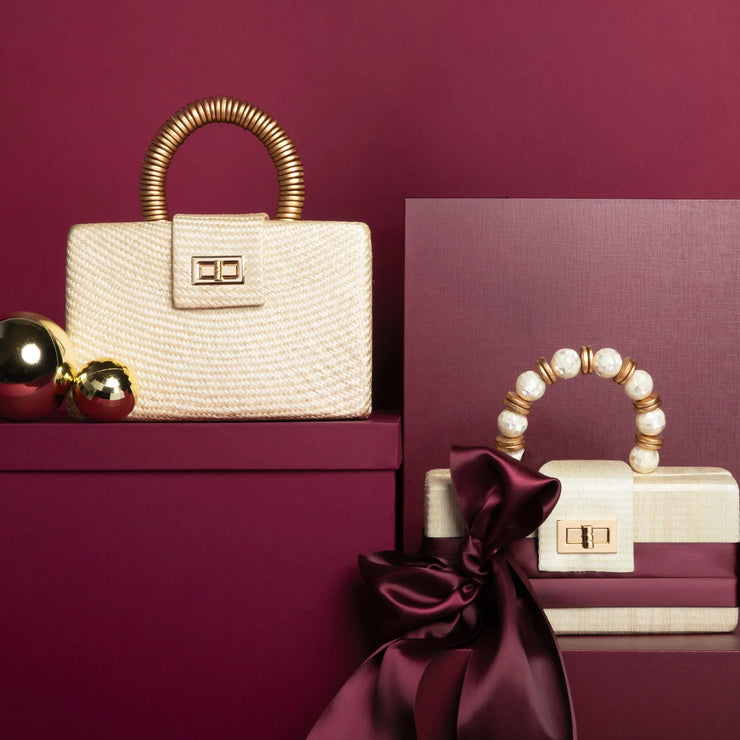 THE SERENA Cream Clutch with Shell Inlay Bead Handle - Fluent Trends