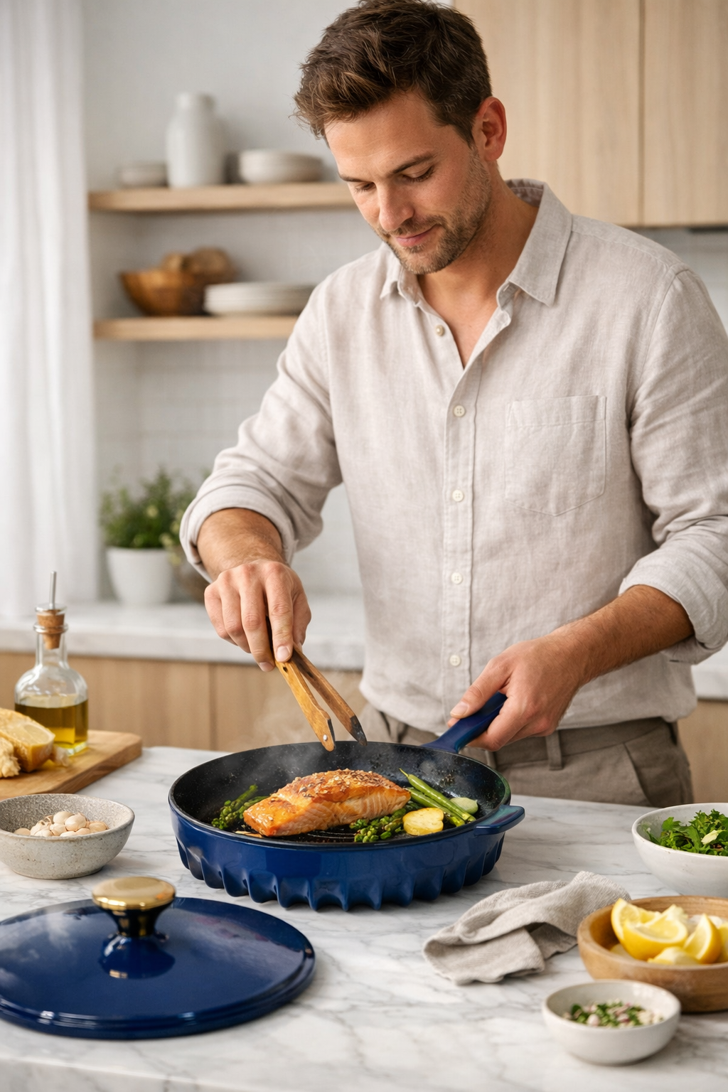 Action shot of the FIREUP Oxford Blue cast iron skillet searing food on a high-heat gas stove flame.