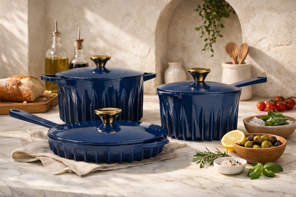 Lifestyle view of the Oxford Blue FIREUP cast iron skillet with lid on a modern kitchen countertop.