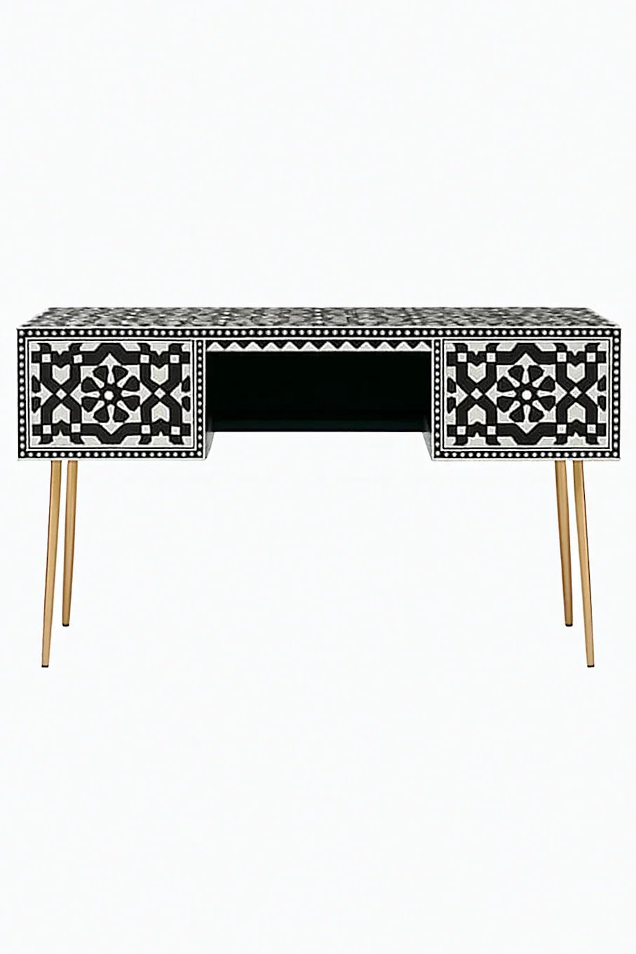 Black and white bone inlay console desk with gold metal legs on a white background

