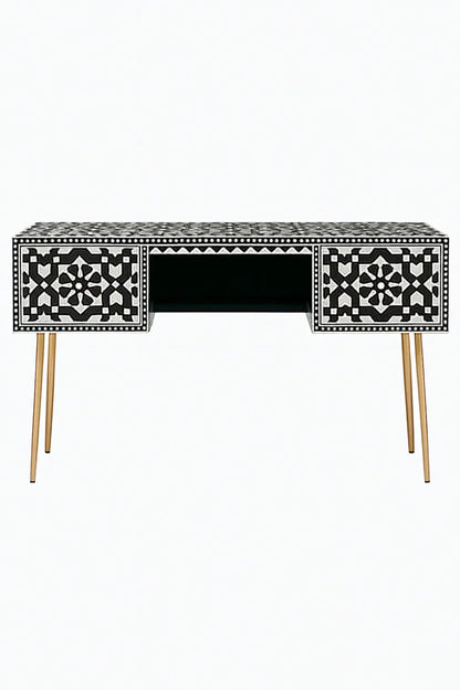 Black and white bone inlay console desk with gold metal legs on a white background

