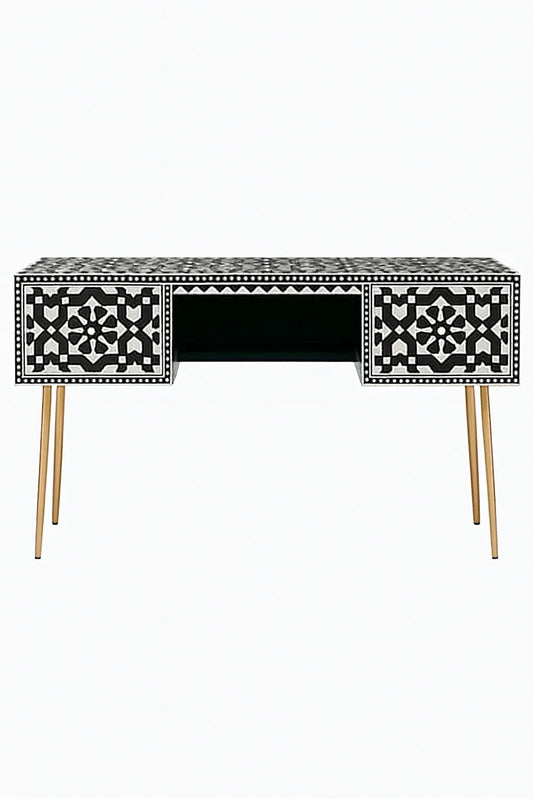 Black and white bone inlay console desk with gold metal legs on a white background

