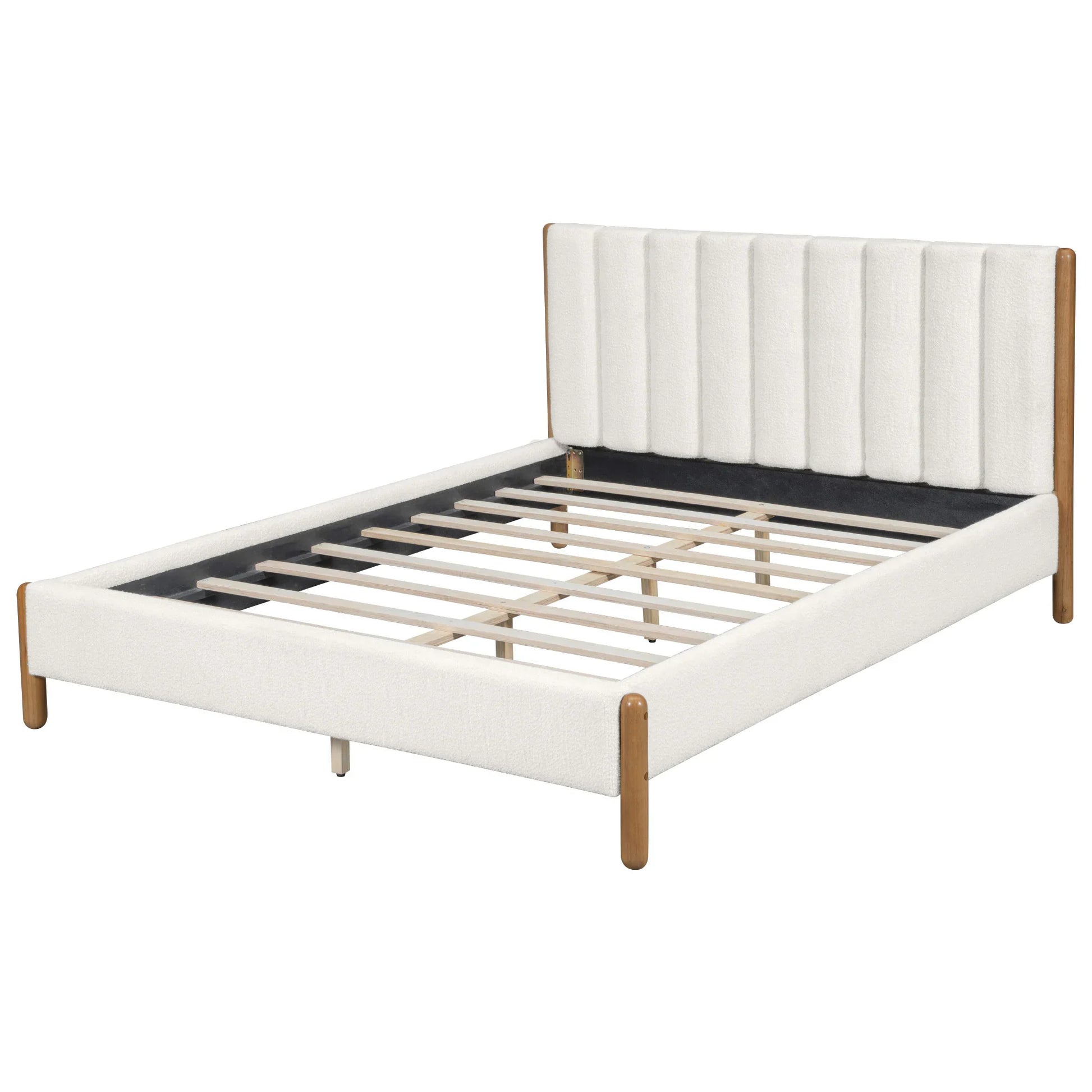 White bouclé queen bed frame angled view showing vertical panel headboard full slat system and natural rubberwood corner legs on white studio background

