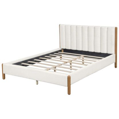 White bouclé queen bed frame angled view showing vertical panel headboard full slat system and natural rubberwood corner legs on white studio background

