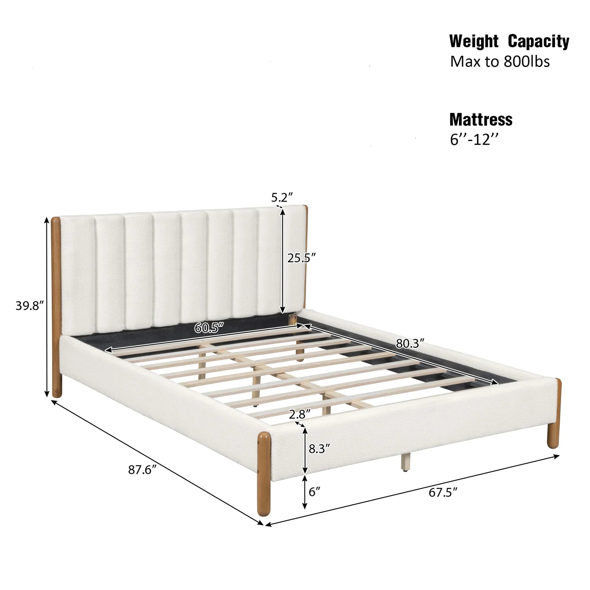 White bouclé queen bed frame dimension diagram showing 87.6 inch length 67.5 inch width 39.8 inch height with 800 pound weight capacity and 6 to 12 inch mattress compatibility

