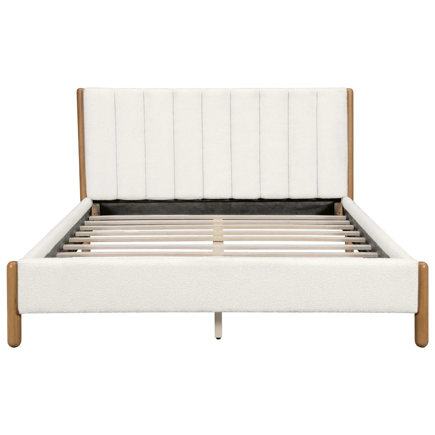 White bouclé queen bed frame front view showing vertical panel headboard supportive wood slats and natural rubberwood legs on white studio background

