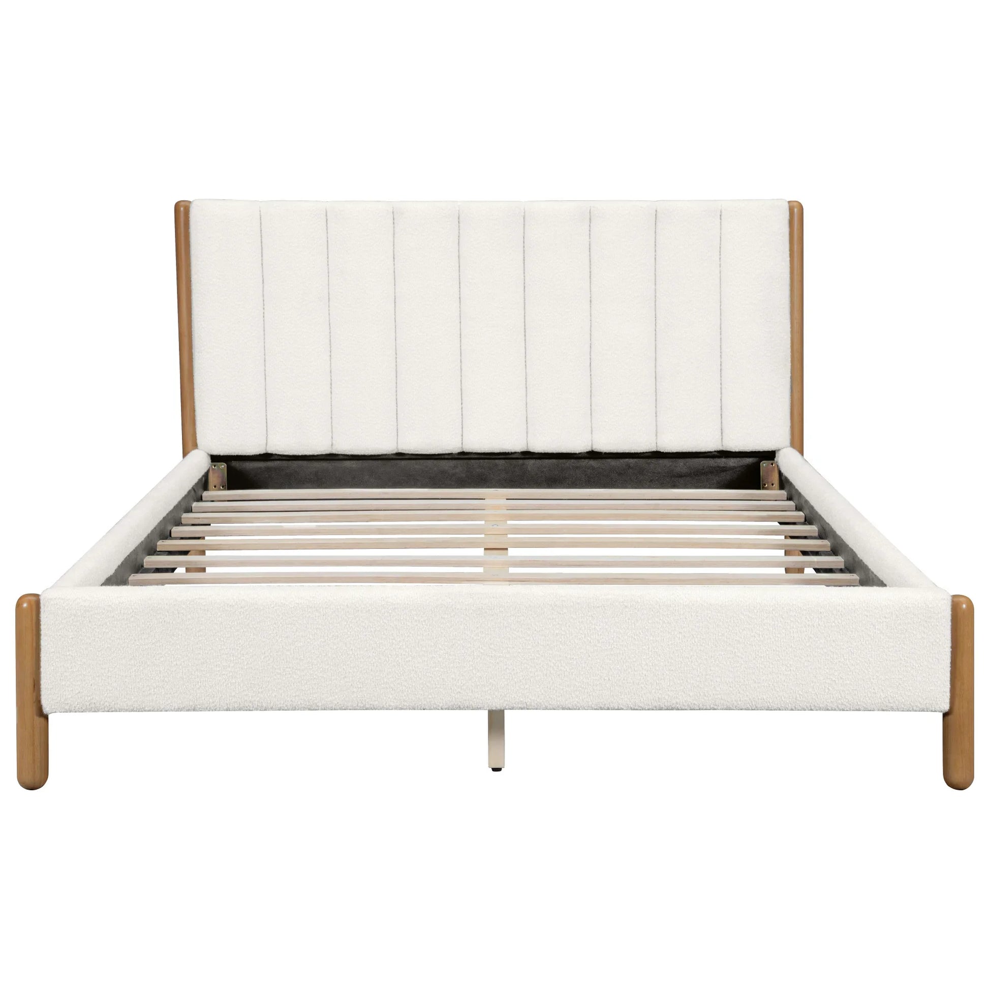 White bouclé queen bed frame front view showing vertical panel headboard supportive wood slats and natural rubberwood legs on white studio background

