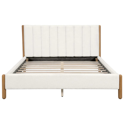 White bouclé queen bed frame front view showing vertical panel headboard supportive wood slats and natural rubberwood legs on white studio background

