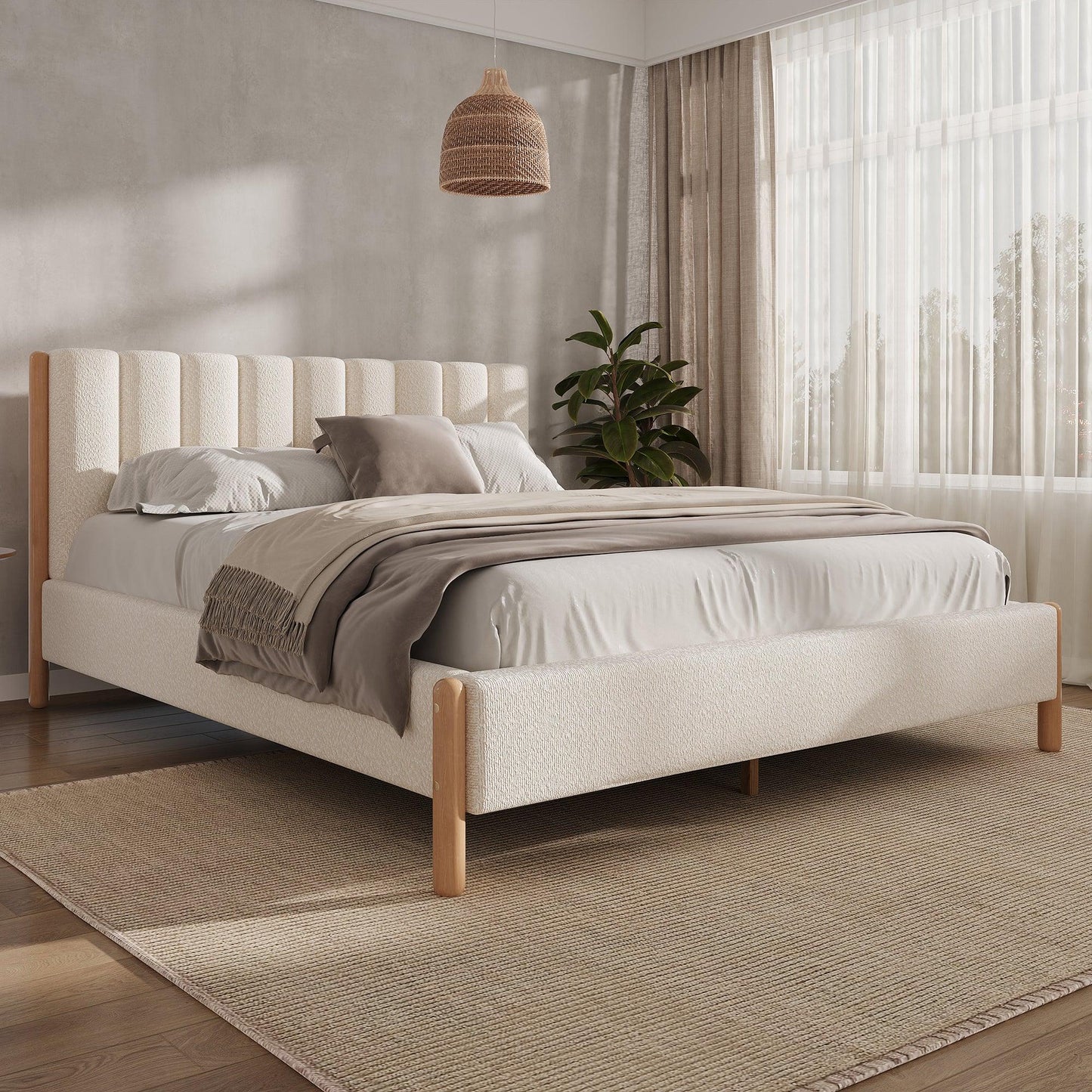 White bouclé queen bed frame with vertical panel headboard and natural rubberwood legs in bright neutral bedroom with sheer curtains and rattan pendant


