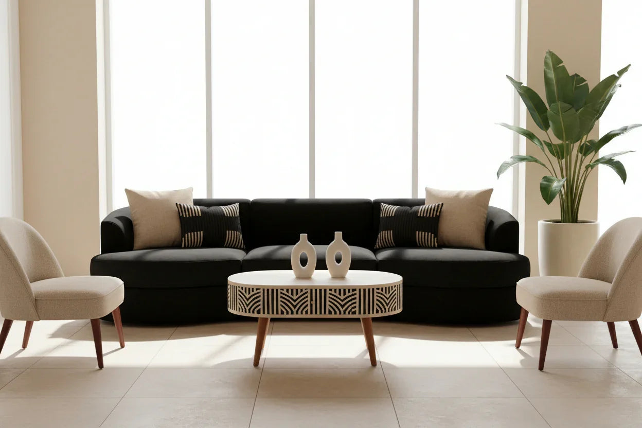 Edessa bone inlay coffee table styled in a modern living room with black sofa cream bouclé chairs ceramic vases and tropical plant in bright natural light

