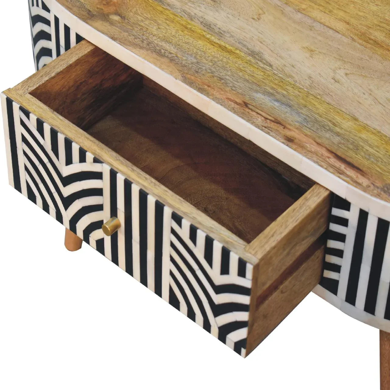 Edessa bone inlay coffee table open drawer detail showing solid mango wood interior construction with brass pull and geometric black and white bone inlay surround

