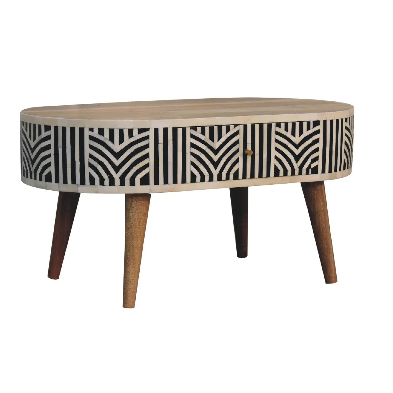 Edessa bone inlay coffee table rear angled studio view showing geometric black and white inlay pattern wrapping drawer back with tapered mango wood legs on white background

