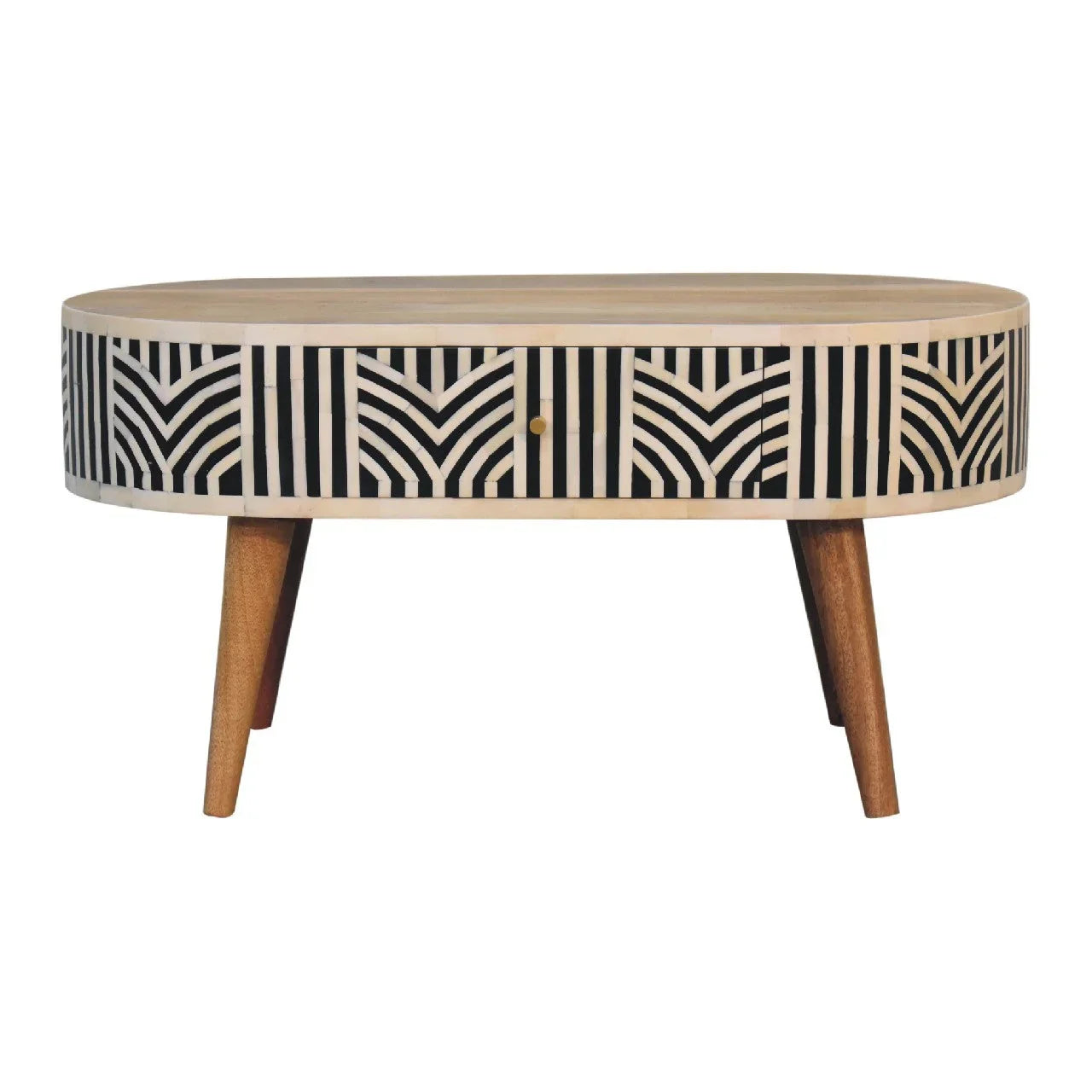 Edessa bone inlay coffee table studio shot showing full round form with geometric black and white inlay drawer and tapered mango wood legs on white background

