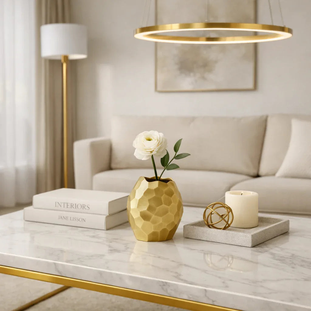 Gold faceted aluminum vase with a white rose styled on a marble coffee table in a luxe gold and cream living room

