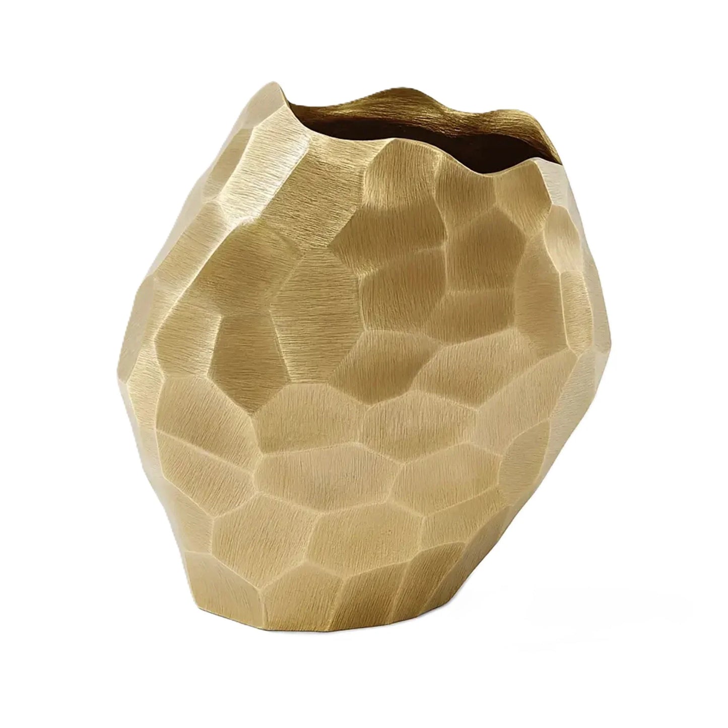 Modern gold faceted aluminum vase with sculptural hammered geometric texture and warm brushed gold finish on white background


