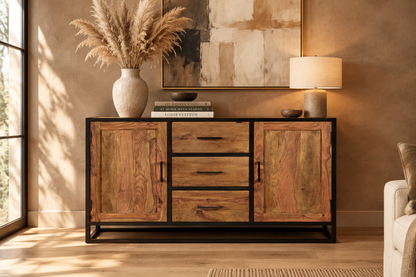 Raven sheesham wood side board with three drawers, two doors, and a black iron frame, styled with a lamp and pampas grass in a sunlit room.