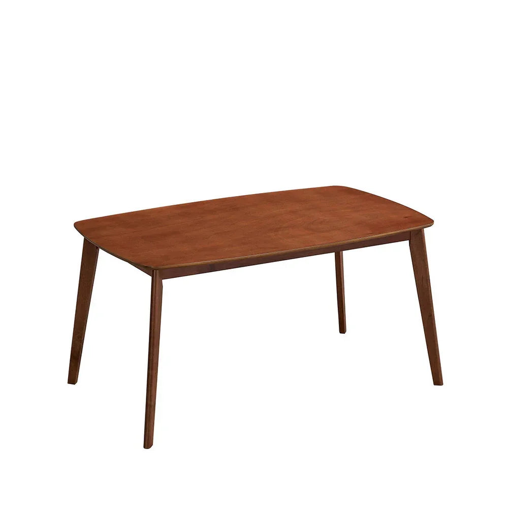 Cherry Scandinavian dining table with rounded corners and tapered solid wood legs on white studio background


