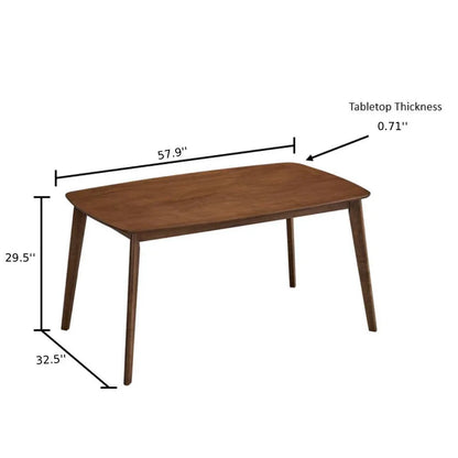 Walnut Scandinavian dining table dimension diagram showing 57.9 inch length 32.5 inch width 29.5 inch height and 0.71 inch tabletop thickness

