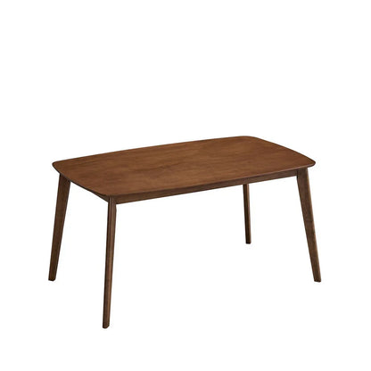 Walnut Scandinavian dining table with rounded corners and tapered solid wood legs on white studio background

